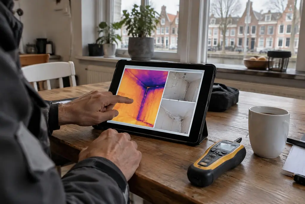 Lekdetectie Opheusden – lekdetectierapport met warmtebeelden en foto's op een tablet
