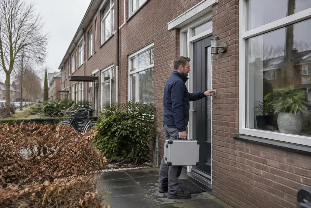 Lekdetectiespecialist met meetkoffer bij de voordeur van een woning in Opheusden